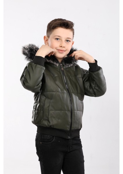 Erkek Çocuk Içi Kürklü ve Dolgulu Deri Mont Haki AVM128