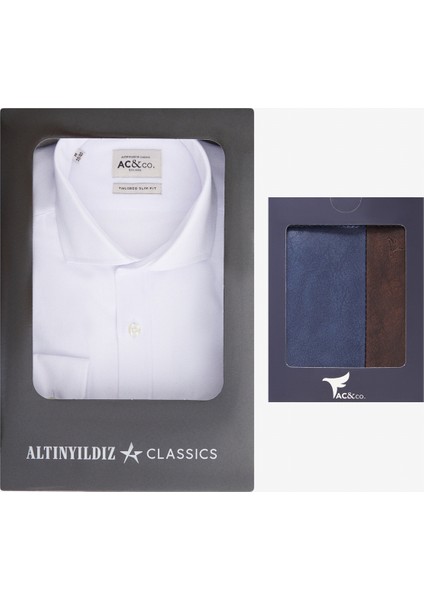 Özel Hediye Kutulu Slim Fit Dar Kesim Pamuklu Gömlek-Cüzdan Set
