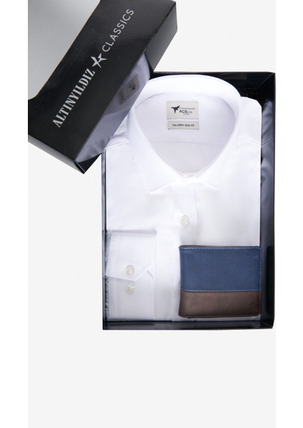 Özel Hediye Kutulu Slim Fit Dar Kesim Pamuklu Gömlek-Cüzdan Set