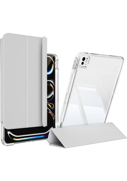 Apple iPad Pro 13 Inç M4 2024 Uyumlu Kılıf Pen Charge Şeffaf Kalem Bölmeli Case A2925 A2926 A3007