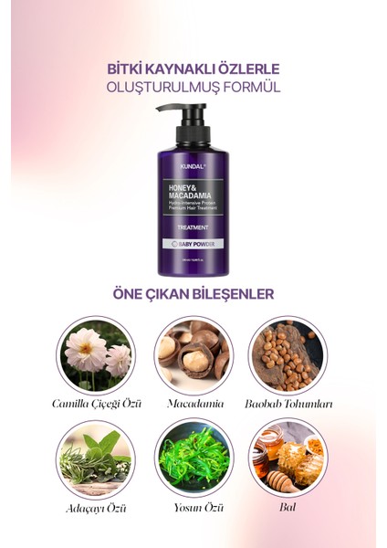 Yoğun Nemlendirici ve Besleyici Saç Kremi KUNDAL Honey&Macadamia Protein Treatment 500ml Baby Powder