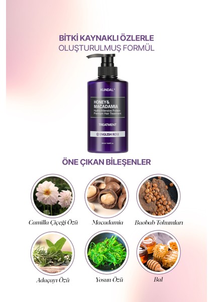 Yoğun Nemlendirici ve Besleyici Saç Kremi KUNDAL Honey & Macadamia Protein Treatment English Rose