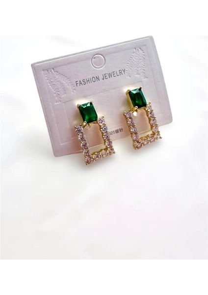 Yeşil Zirkon Taşlı Kare Küpe 2 Cm.