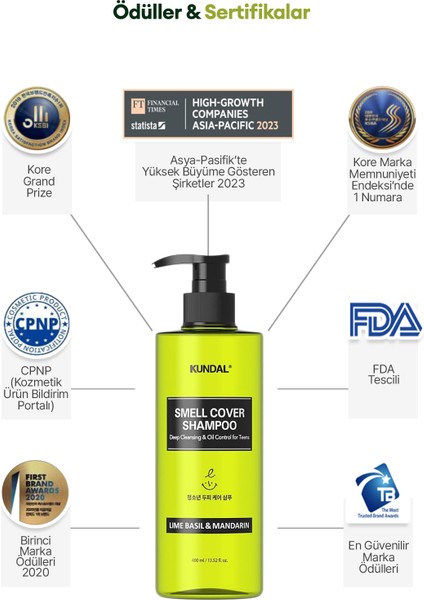 Gençler İçin Sebum Dengeleyici Bakım Şampuanı KUNDAL Smell Cover Shampoo 400ml (LimeBasil&Mandarin) modelleri
