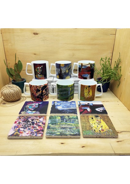 Dali, Van Gogh, Picasso, Kandinsky, Klimt, Monet Tasarımlı 6'lı Yelken Kulplu Kupa Bardak Mug ve Taş Bardak Altlığı Seti