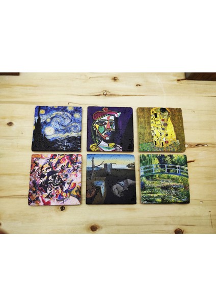 Dali, Van Gogh, Picasso, Kandinsky, Klimt, Monet Tasarımlı 6'lı Yelken Kulplu Kupa Bardak Mug ve Taş Bardak Altlığı Seti