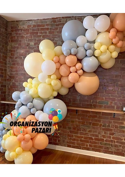 Balon Seti Makaron Somon-Makaron Sarı-Beyaz-DumanGri 100 Lü Balon Zinciri Seti
