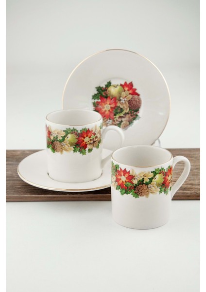 Meyve Çiçekleri Altın Yaldızlı 2 Kişilik Çay/duble Kahve Fincan Takımı