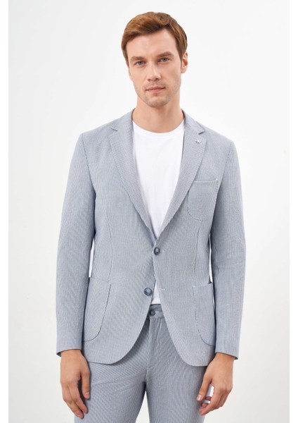 Erkek A. Mavi Poliviskon Trend Çizgili Desen Slim Fit Mono Yaka Takım Elbise