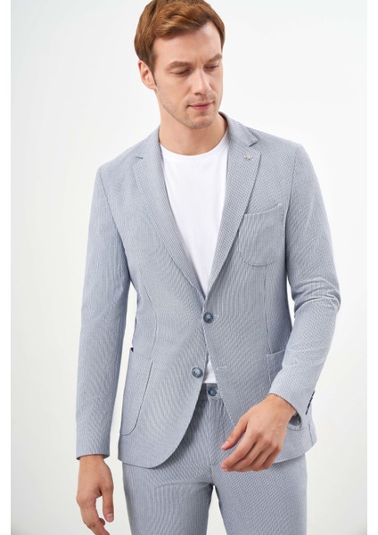 Erkek A. Mavi Poliviskon Trend Çizgili Desen Slim Fit Mono Yaka Takım Elbise modelleri