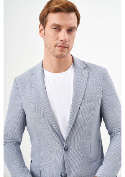 Erkek A. Mavi Poliviskon Trend Çizgili Desen Slim Fit Mono Yaka Takım Elbise fırsatları