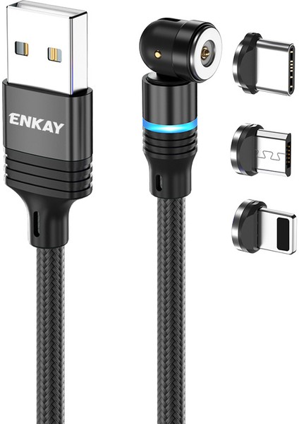 Hat Prınce 1m Manyetik Şarj Kablosu 2.4A Usb&#39;den Ip&#39;ye / Type-C / Mikro USB LED Işıklı Naylon Örgülü Kablo - Siyah (Yurt Dışından)