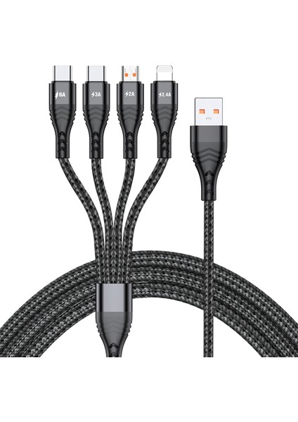 iPhone 15 Serisi Için 2m 4&#39;ü 1 Arada 66W 6A 4 Çıkışlı Hızlı Şarj Şarj Kablosu Usb&#39;den 8pin+Mikro Usb+Çift Type-C Örgülü Kablo Adaptörü - Siyah (Yurt Dışından)