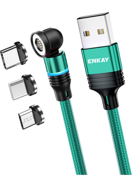 Hat Prınce 2m Manyetik Telefon Şarj Kablosu 3A Usb&#39;den Ip&#39;ye / Type-C / Mikro USB Naylon Örgülü Veri Kablosu, LED Işıklı - Yeşil (Yurt Dışından)