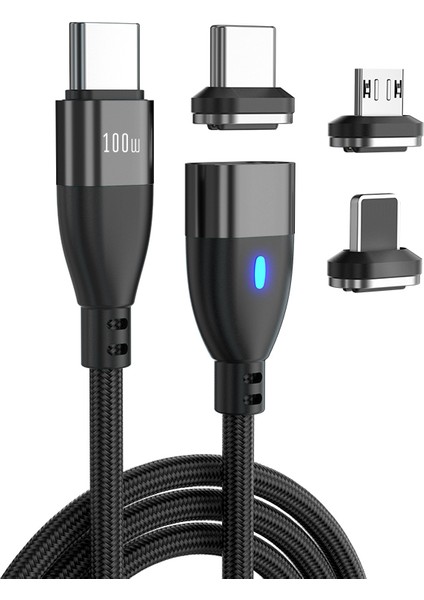 1m 24PIN Pd 100W Type-C - Ip / Type-C / Mikro USB LED Göstergeli Manyetik Şarj Veri Kablosu - Siyah (Yurt Dışından)