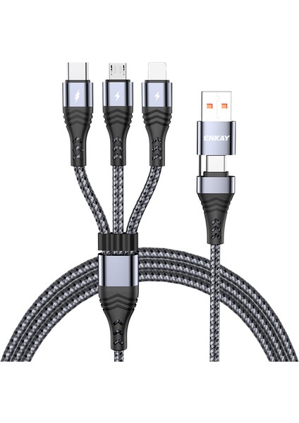 5A Hızlı Şarj Kablosu Type-C / USB To Ip / Type-C / Mikro USB Şarj Kablosu, 1,2m - Gri (Yurt Dışından)