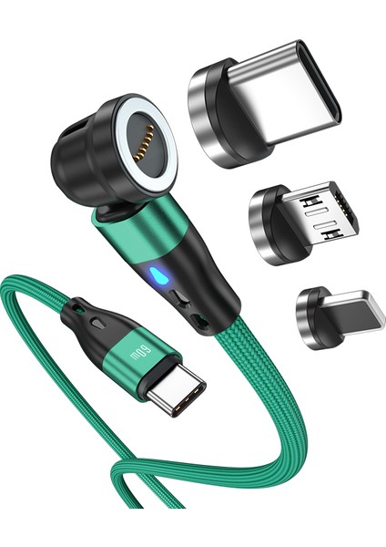 Hat Prınce 2m Pd 60W Manyetik Telefon Şarj Kablosu 3&#39;ü 1 Arada Type-C - 8-Pin / Type-C / Mikro USB Veri Senkronizasyon Kablosu, LED Işıklı - Yeşil (Yurt Dışından)