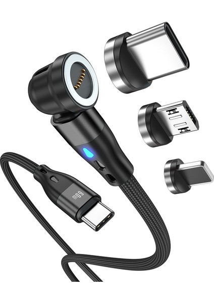 Hat Prınce 1m Manyetik Şarj Kablosu 3&#39;ü 1 Arada Pd 60W Type-C - 8-Pin / Type-C / Mikro USB LED Işıklı Veri Aktarım Kablosu - Siyah (Yurt Dışından)