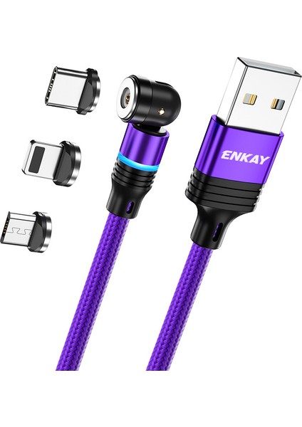 Hat Prınce 2m 2.4A Manyetik Şarj Kablosu Usb&#39;den Ip&#39;ye / Type-C / Mikro USB Naylon Örgülü LED Işıklı Telefon Şarj Kablosu - Mor (Yurt Dışından)