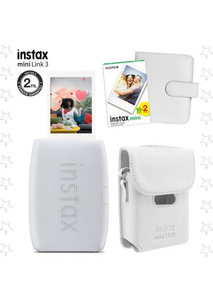 Instax Mini Link 3 Beyaz Akıllı Telefon Yazıcısı Beyaz Çanta Deri Albüm ve 20'li Mini Film