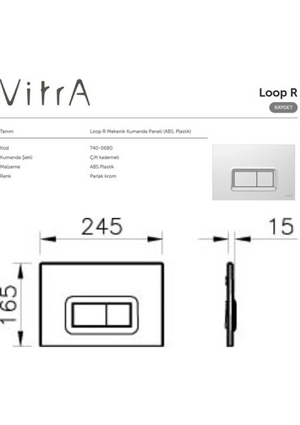 Vitra Ankastre Stop Valf Vana Kumanda Paneli Parlak Krom 3`lü Set