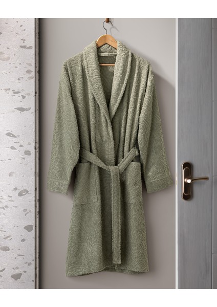 Bernay %100 Pamuk Jakarlı Unisex Şalyaka Bornoz - Haki - Natural Koleksiyon