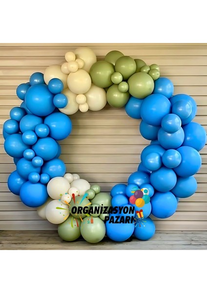 Balon Seti Mavi-Retro Beyaz-Kış Yeşili 100 Lü Balon Zinciri Seti