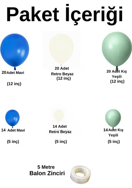 Balon Seti Mavi-Retro Beyaz-Kış Yeşili 100 Lü Balon Zinciri Seti fiyatları