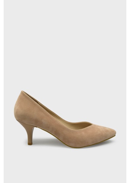 EST096 Pudra Süet Kadın Kısa Ince Retro Topuk Stiletto