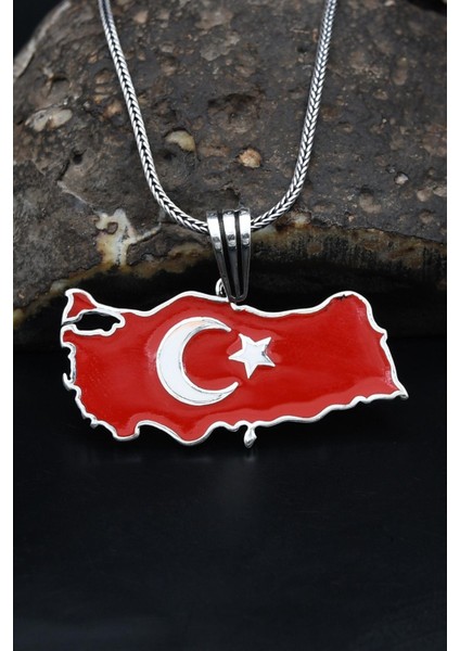 Gümüş Türk Bayrağı ( Ay Yıldızlı ) Mineli 925 Ayar Gümüş Kolye Zincir 901119