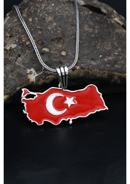 Gümüş Türk Bayrağı ( Ay Yıldızlı ) Mineli 925 Ayar Gümüş Kolye Zincir 901119 fiyatları