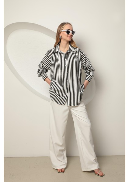 Poplin Kalın Çizgi Kadın Gömlek Siyah