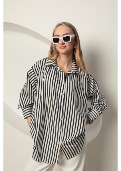 Poplin Kalın Çizgi Kadın Gömlek Siyah modelleri