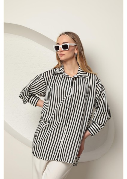 Poplin Kalın Çizgi Kadın Gömlek Siyah fırsatları