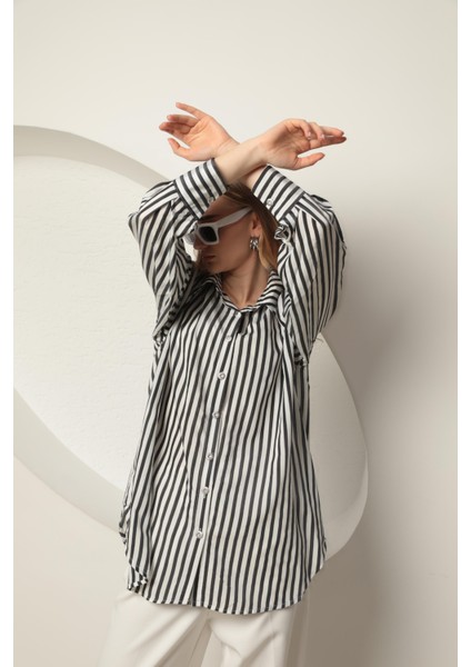 Poplin Kalın Çizgi Kadın Gömlek Siyah indirimleri