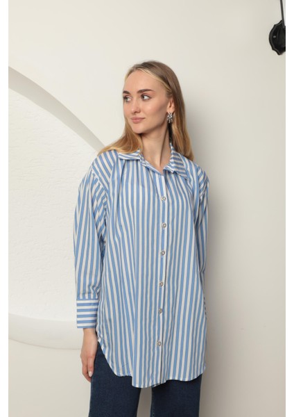 Poplin Kalın Çizgi Kadın Gömlek Mavi modelleri