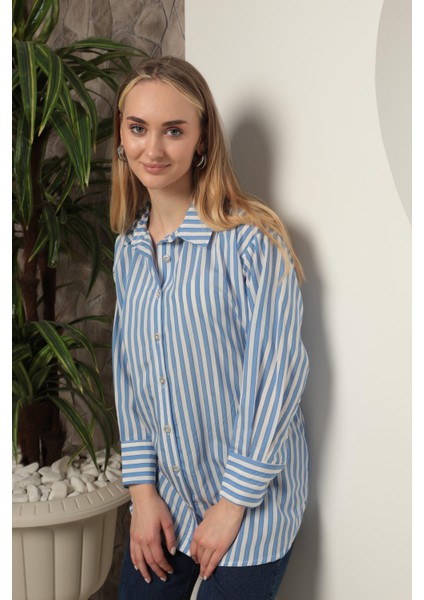 Poplin Kalın Çizgi Kadın Gömlek Mavi fırsatları