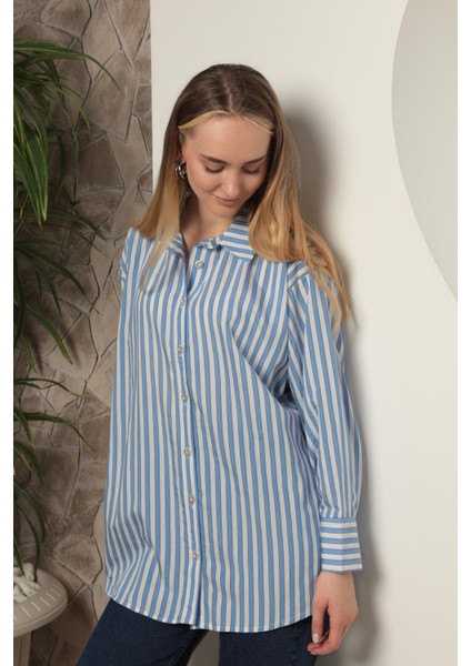 Poplin Kalın Çizgi Kadın Gömlek Mavi