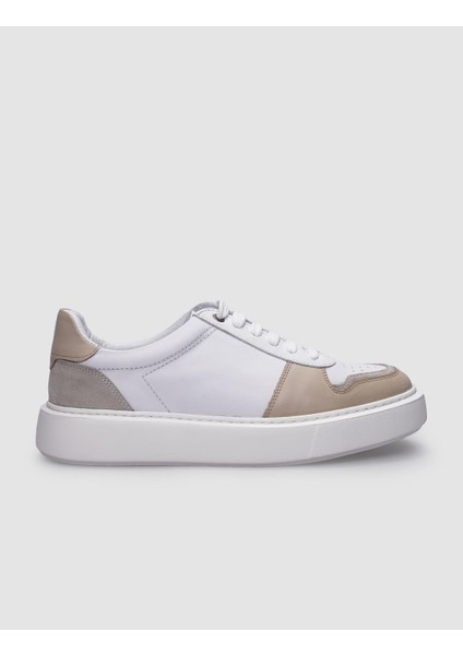 Deri Beyaz - Bej Bağcıklı Erkek Sneaker