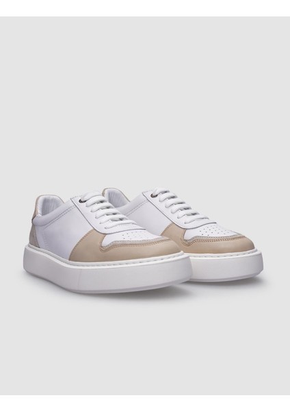 Deri Beyaz - Bej Bağcıklı Erkek Sneaker