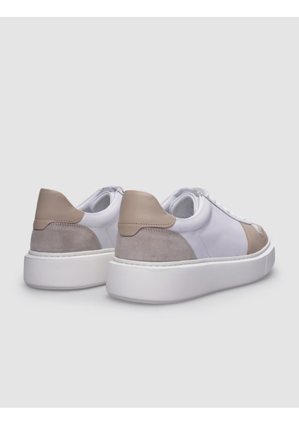 Deri Beyaz - Bej Bağcıklı Erkek Sneaker