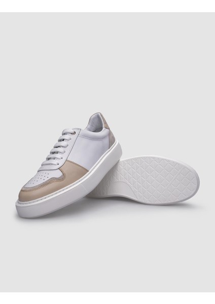 Deri Beyaz - Bej Bağcıklı Erkek Sneaker