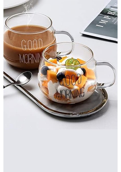 Borosilikat Good Morning Kulplu Cam Kahve Sunum Bardak Tatlı Kahvaltı Süt Kupası 400ML