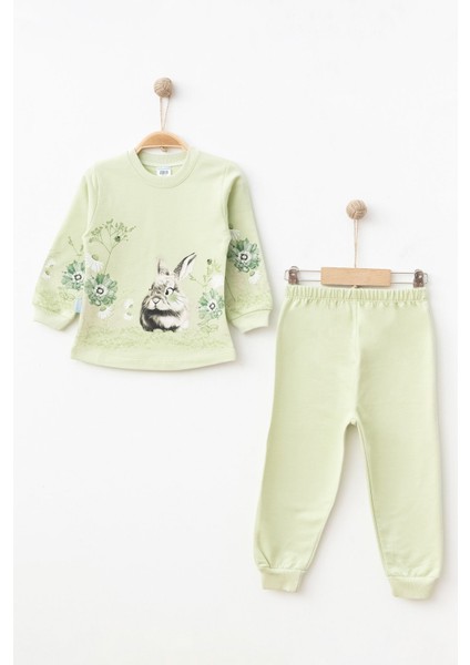 Çiçek ve Tavşan Baskılı Ikiip 2'li Kız Eşofman Pijama Takımı