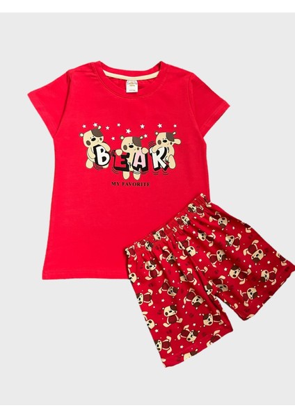 Kız Çocuk %100 Pamuklu Bear Ayıcık Desenli Kırmızı Kısa Kollu Şortlu Yazlık Pijama Takımı