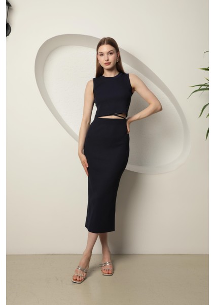 Triko Kumaş Croplu Etek Kadın Takım Lacivert