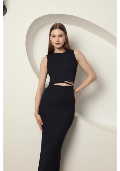 Triko Kumaş Croplu Etek Kadın Takım Lacivert modelleri