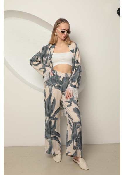 Viskon Kumaş Empirme Kadın Kimono Takım Gri