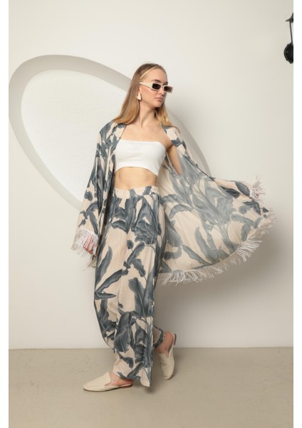 Viskon Kumaş Empirme Kadın Kimono Takım Gri fiyatları