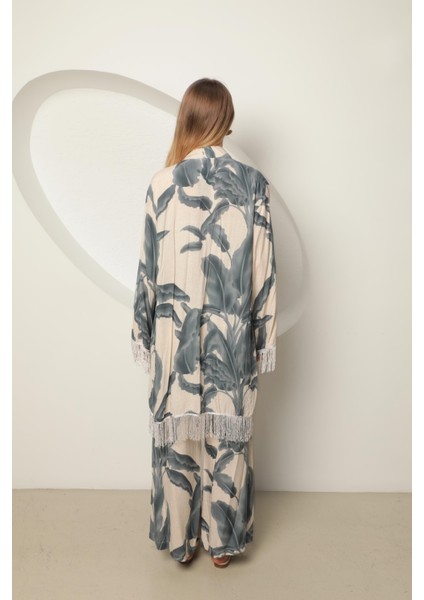 Viskon Kumaş Empirme Kadın Kimono Takım Gri modelleri